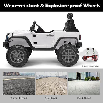 12V Kids Ride On Truck with RC Control, Spring Suspension, Light & Music, and Trunk in White