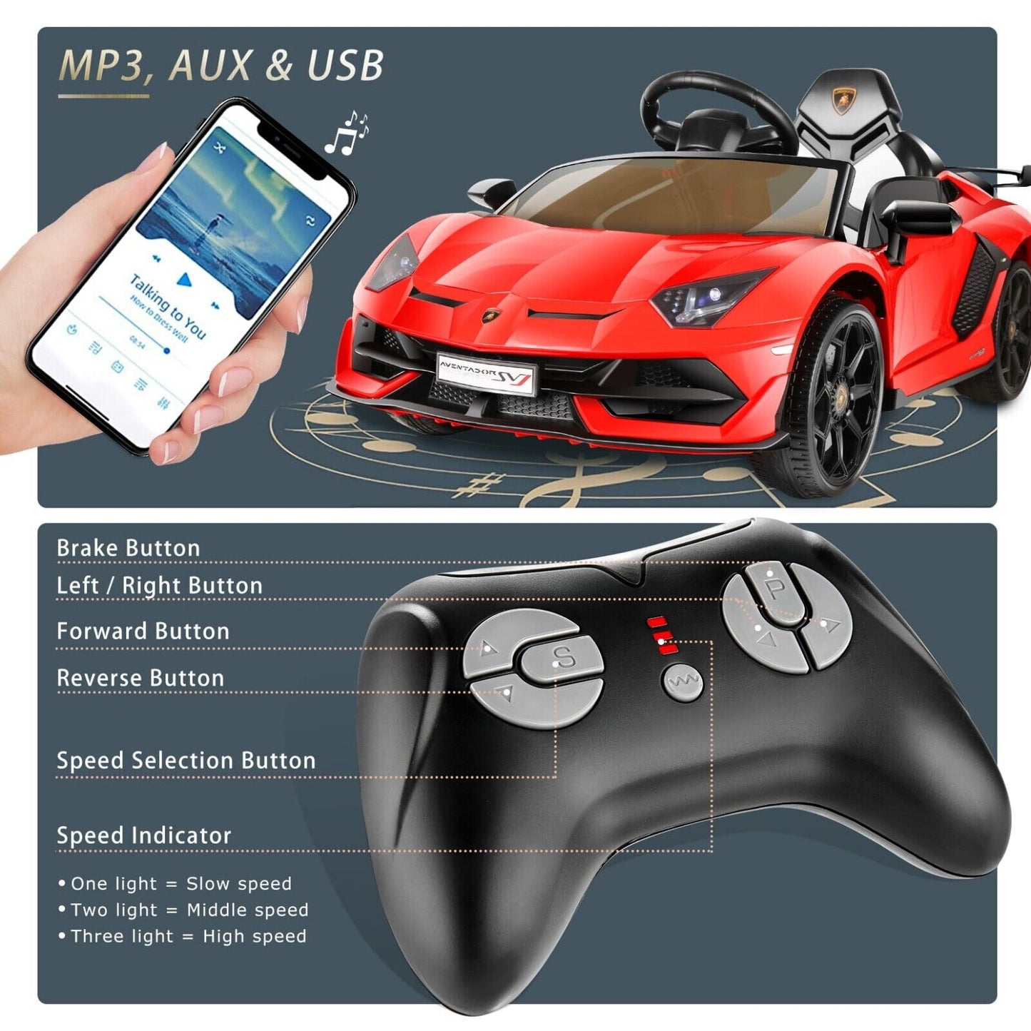 12V Lamborghini Aventador SV Sports Car Toy for Kids with Parental Control - Red
