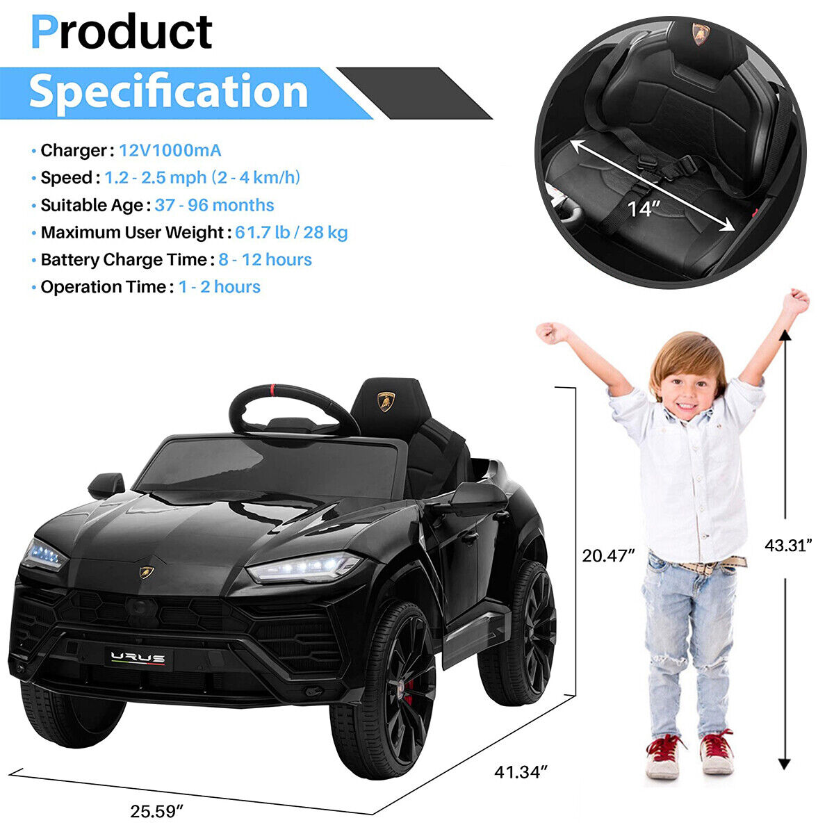 12V Licensed Lamborghini Ride On Car - Battery Powered Sports Car Toy for Kids