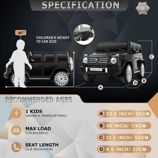 Licensed Mercedes Benz G500 Electric Ride-On Car for Kids with Remote Control - 12V