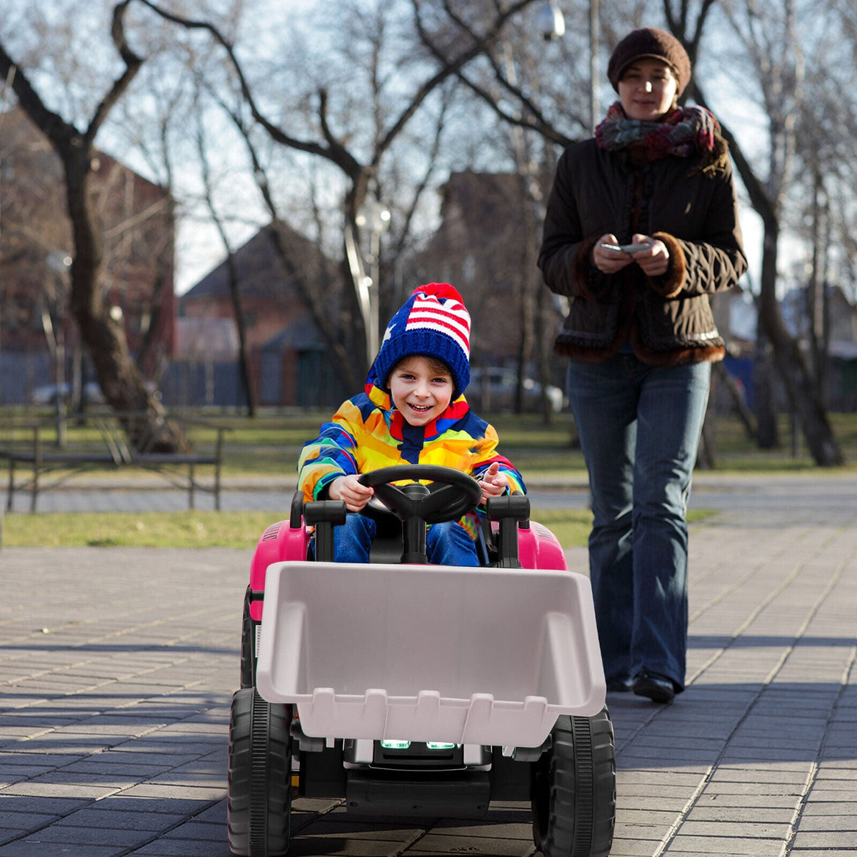 12V Pink Battery-Powered Excavator with Adjustable Arm for Kids