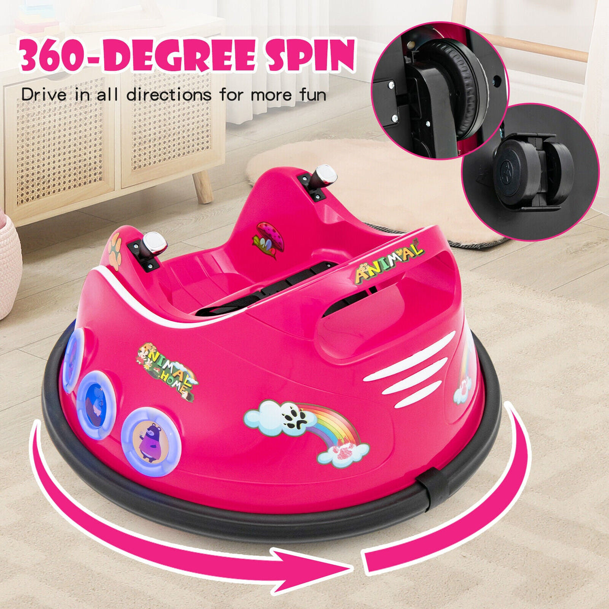 12V Pink Bumper Car with Remote Control, LED Lights, and Music for Kids