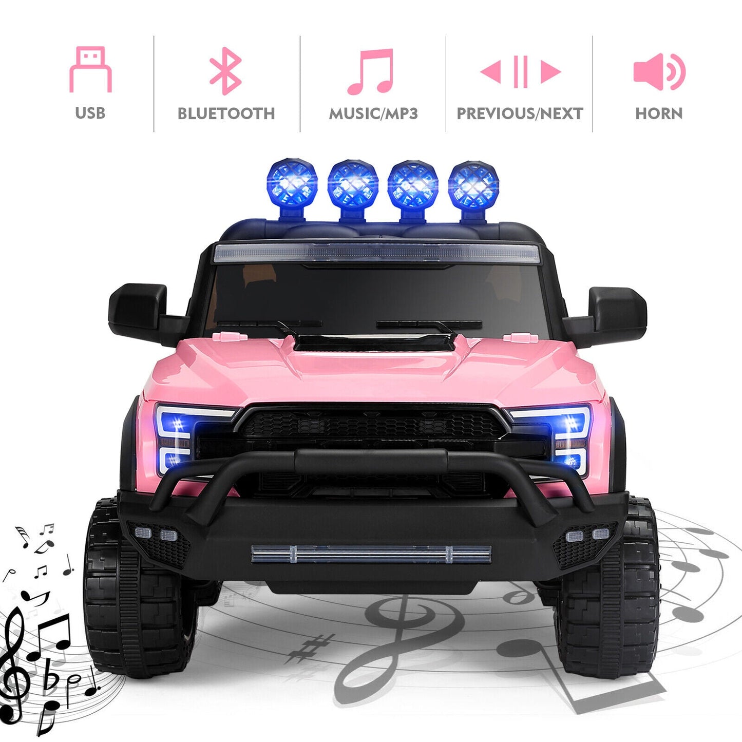 12V Pink Kids Ride On Truck with RC, LED, MP3, and 6 Wheels