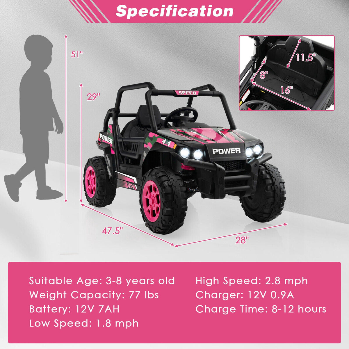 12V Pink Off-Road Truck for Kids with Realistic Horns and Engine Sounds