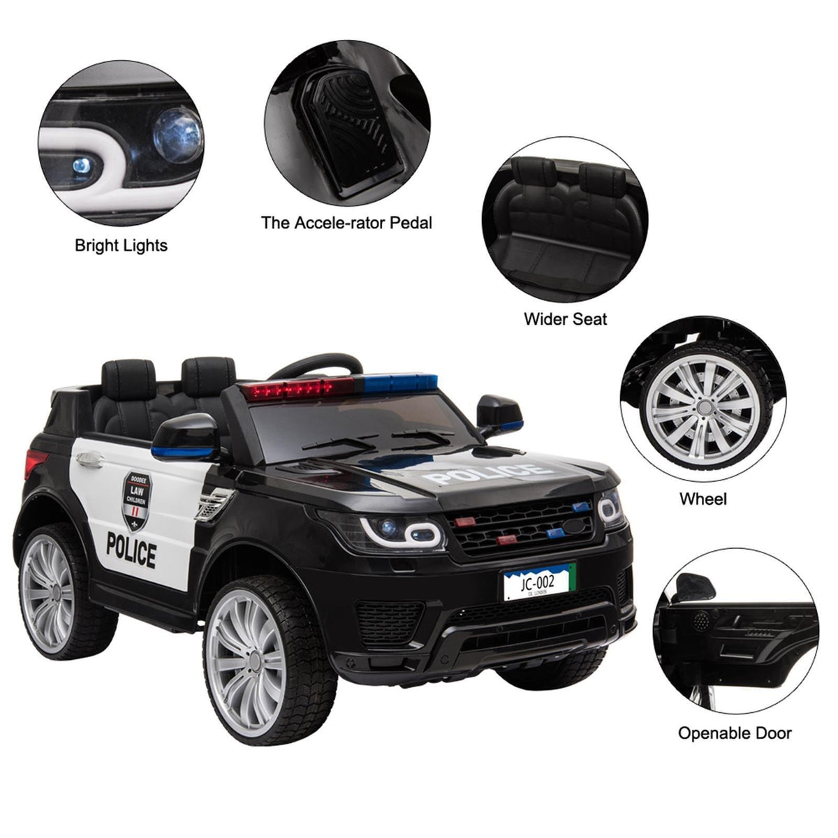 12V Police Ride-On Car with 3 Speeds, MP3 Player, LED Lights, and 2.4GZ Remote Control - Perfect Gift for Kids