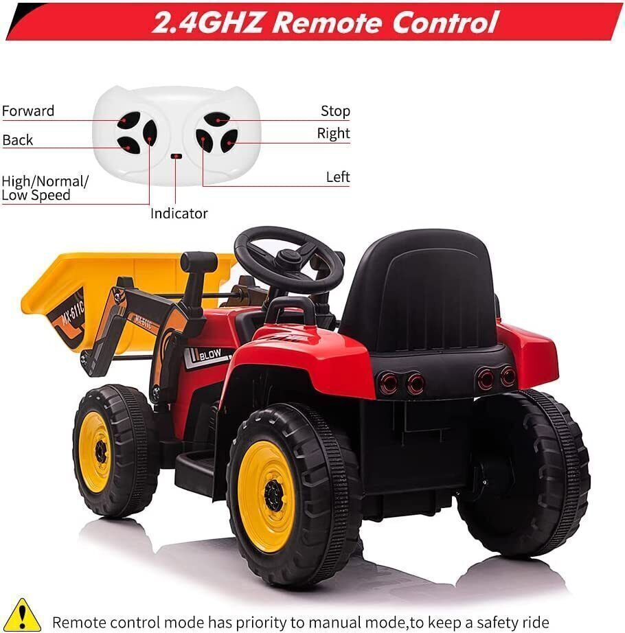 12V RC Excavator Ride-On Tractor with Music, Headlights, and Horn for Kids