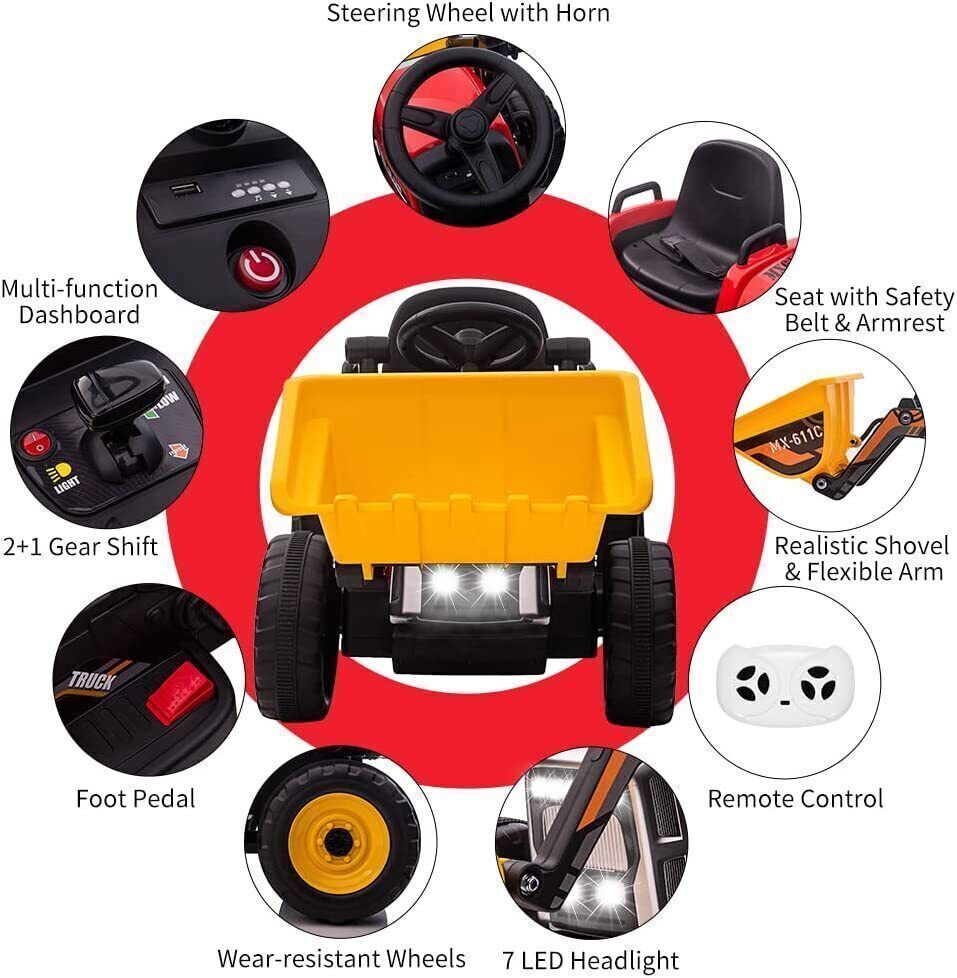12V RC Excavator Ride-On Tractor with Music, Headlights, and Horn for Kids