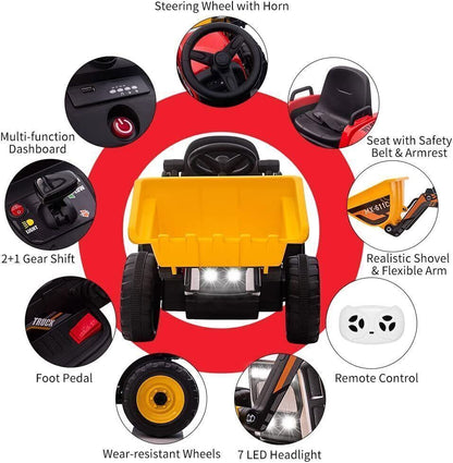 12V RC Excavator Ride-On Tractor with Music, Headlights, and Horn for Kids