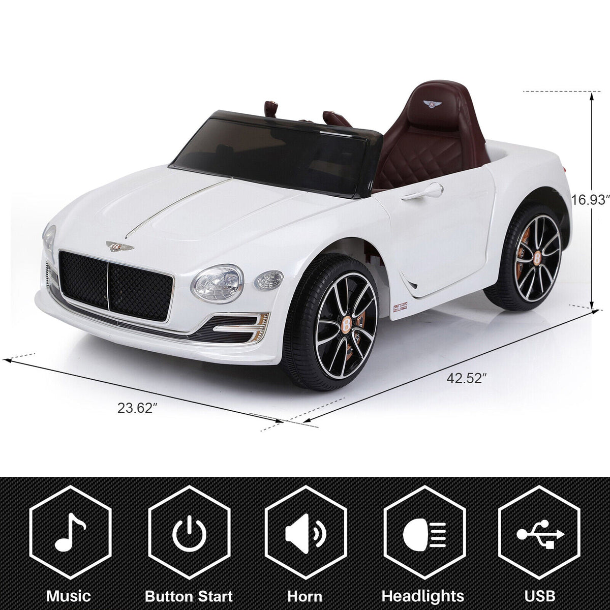 12V Remote Control Bentley Style Electric Ride-On Car with LED Lights for Kids