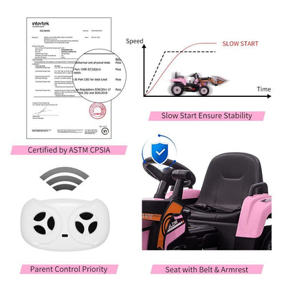 12V Remote Control Excavator Ride-On Car for Kids with EVA Tires - Pink