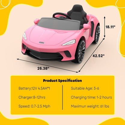 12V Sports Car for Kids with 2 Speeds, Parental Control, Sound Effects, and LED Lights