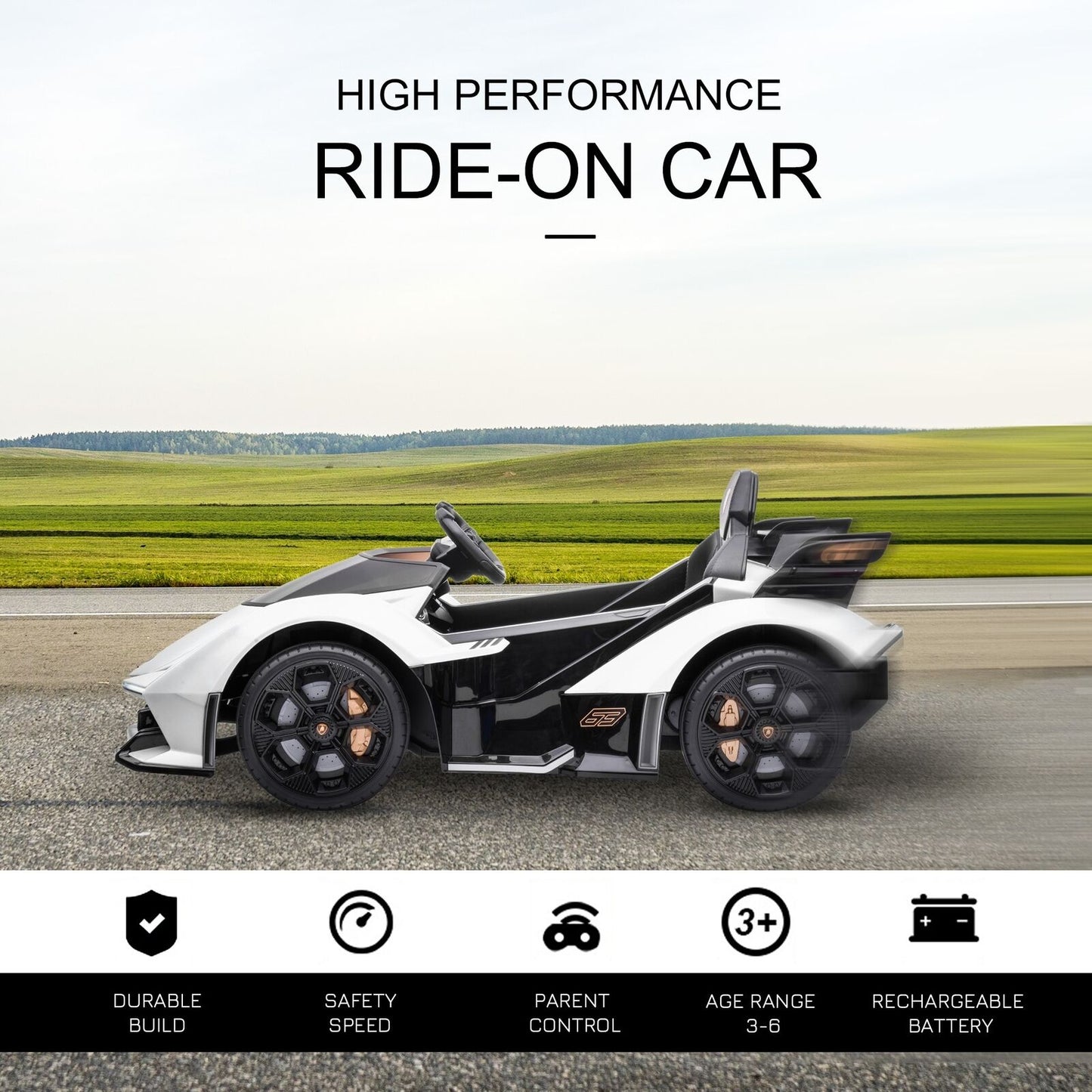 12V White Lamborghini GT Kids Ride-On Sports Car with Remote Control