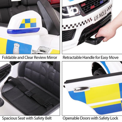 12V White Police Car Ride-On for Kids with Bluetooth Remote Control and LED Lights