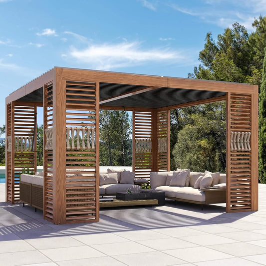 [12X12FT] Alora Premium Outdoor Wood Grain Louvered Pergola With Integrated Drainage (SAK74256)