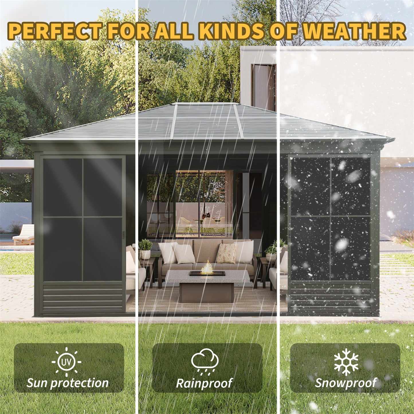 [12X14FT] Alora Serenity Premium All-Weather Outdoor Aluminum Sunroom With Galvanized Steel Hardtop Sloping Roof, Lockable Doors, And Moveable PC Screens (SAK76831)