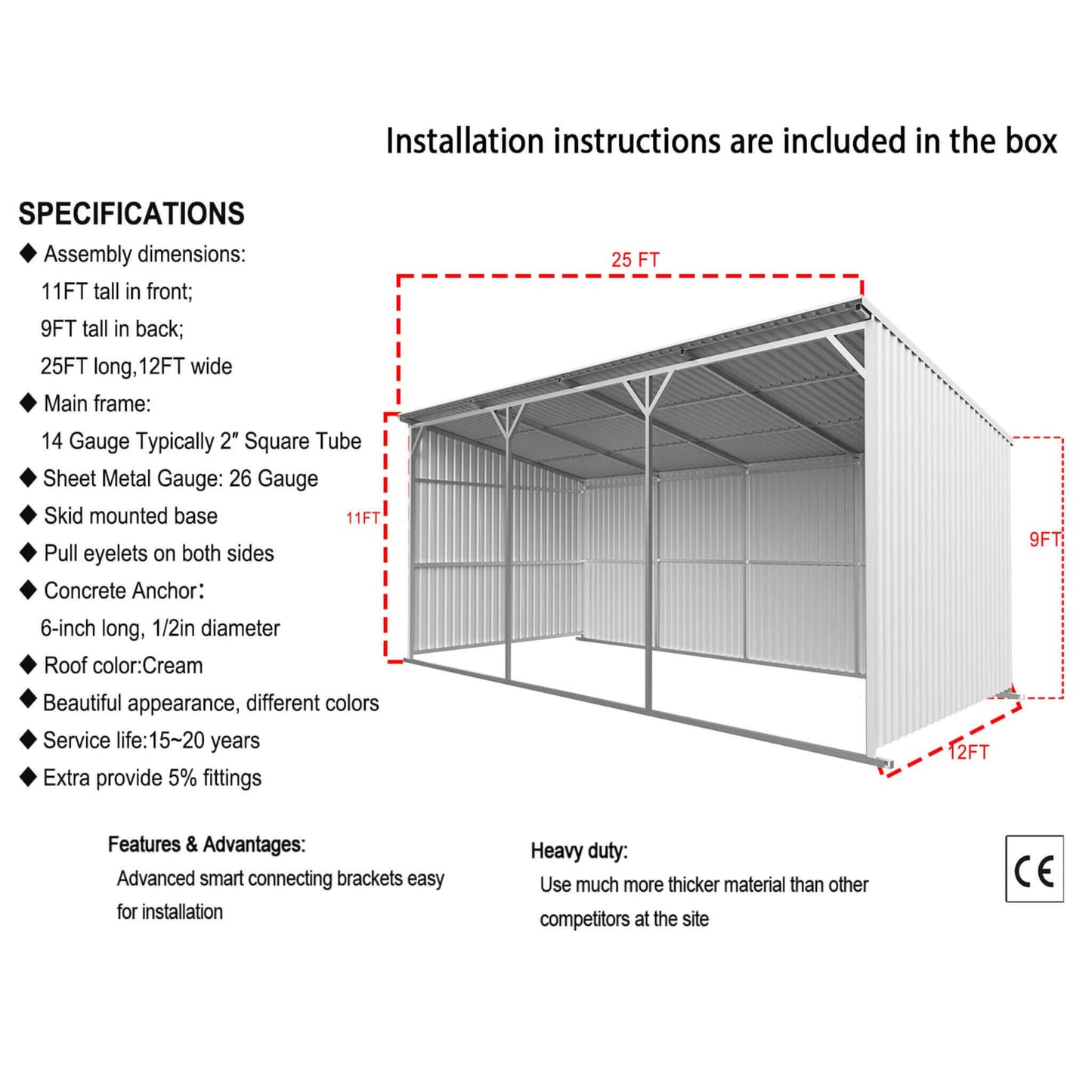 [12X25FT] Alora Heavy-Duty Galvanized steel Storage Equipment Shed (SAK20471)