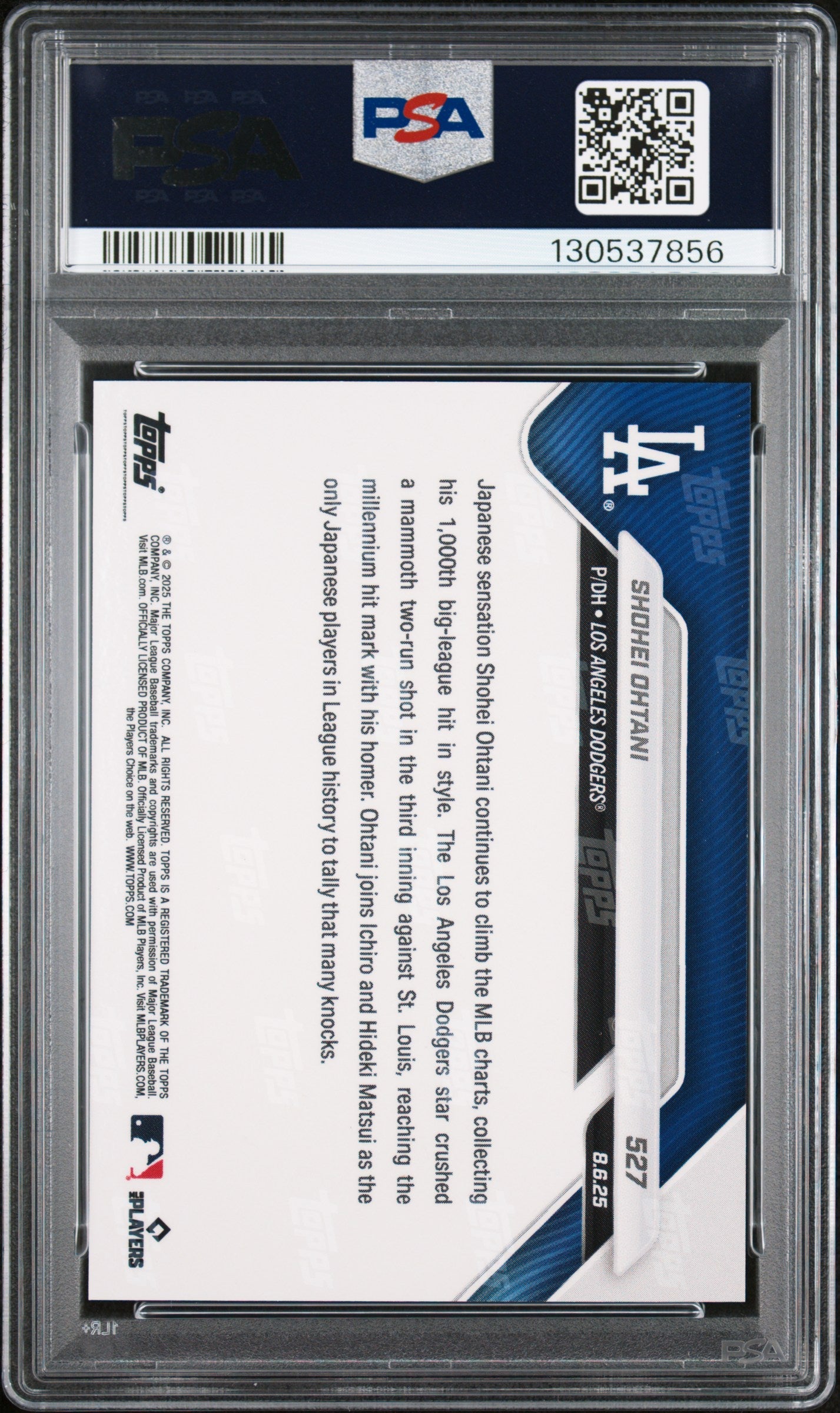 Graded 2025 Topps Now Shohei Ohtani #527 Blasts Majestic HR for 1,000th MLB Hit Baseball Card PSA 10 Gem Mint