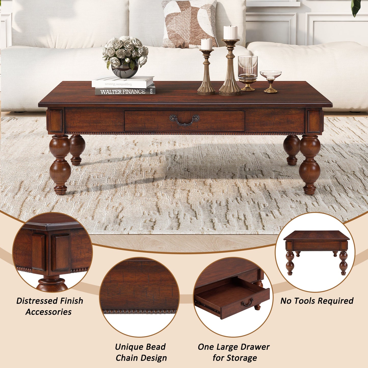 Rectangular Wooden Coffee Table with Storage Drawer