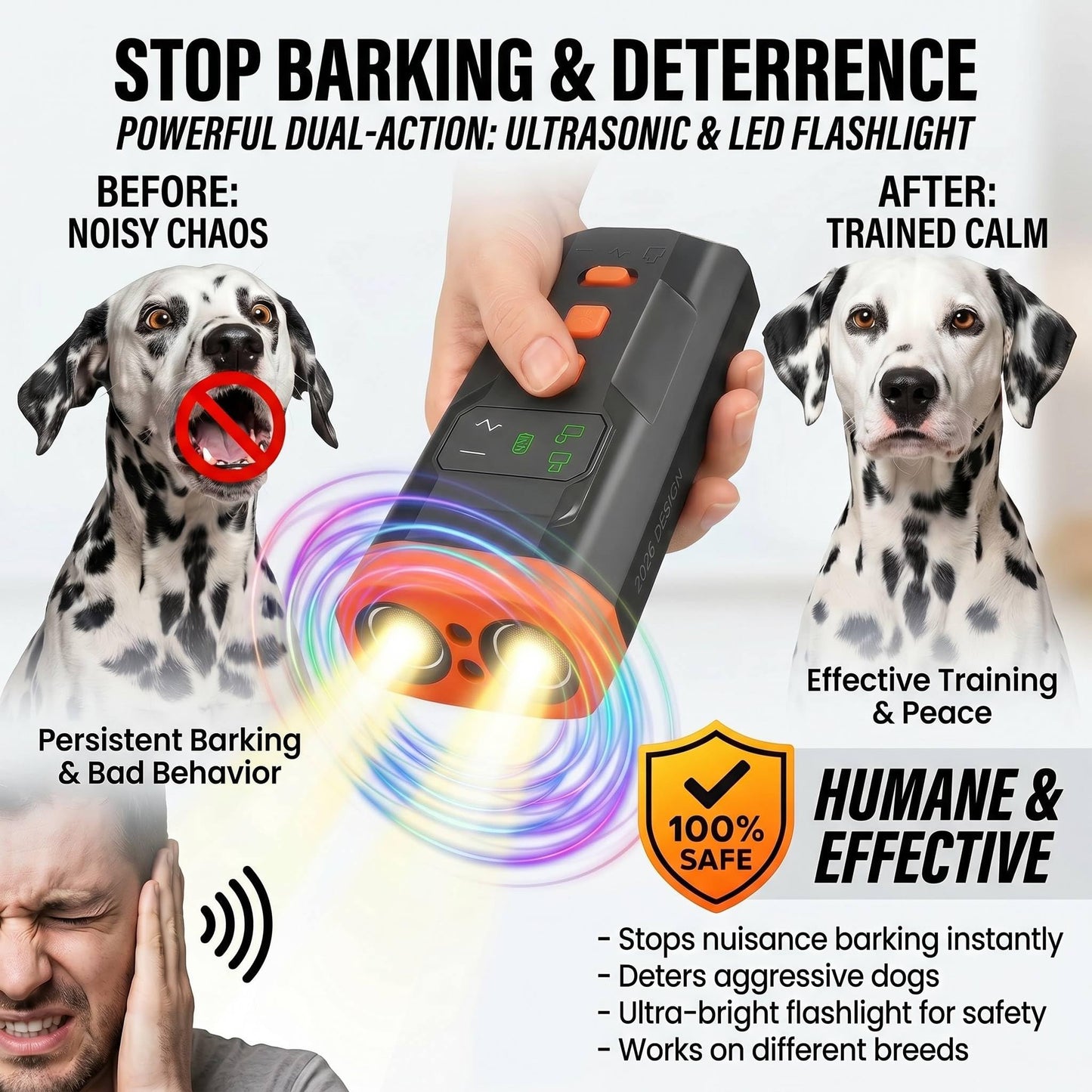 Ultrasonic Dog Bark Deterrent Device, 33FT Effective Range Indoor Outdoor Use, Safe & Humane Rechargeable Bark Control With Child Safety Lock To Effectively Correct Dog Barking Behavior