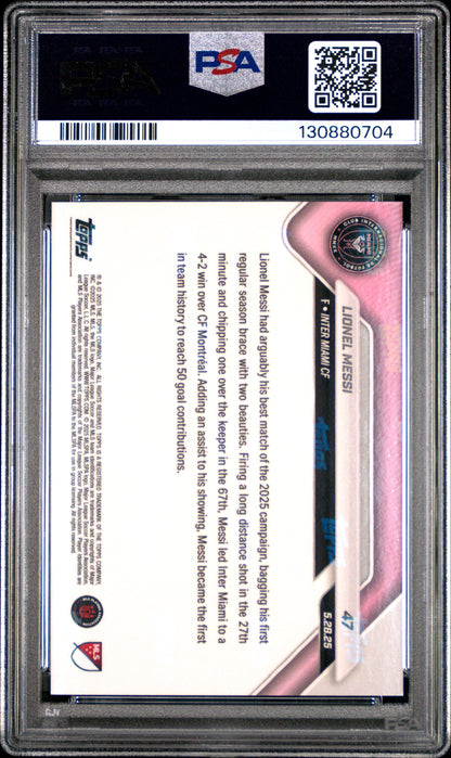 Graded 2025 Topps Now Lionel Messi #47 1st Miami Player to Reach 50 Goal Contributions Soccer Card PSA 10 Gem Mint