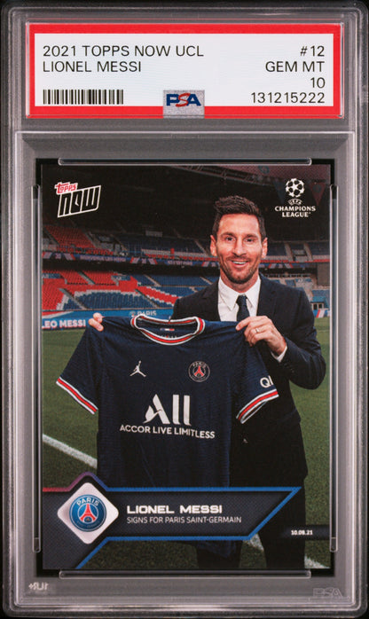 Graded 2021 Topps Now UCL Lionel Messi #12 Signs for PSG UEFA Champions League Soccer Card PSA 10 Gem Mint