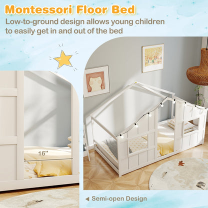 Twin Size House Bed with LED Lights Montessori Slat-free Floor Bed