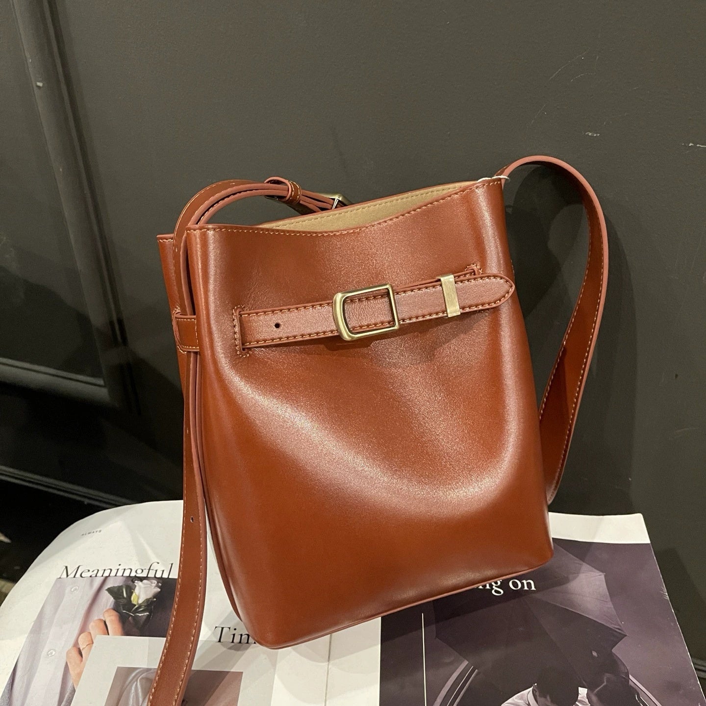 Vintage High-end Feel Bucket Bag, Genuine Leather Ladies' Shoulder Bag, Vintage Top-grain Cowhide Crossbody Bag For Women