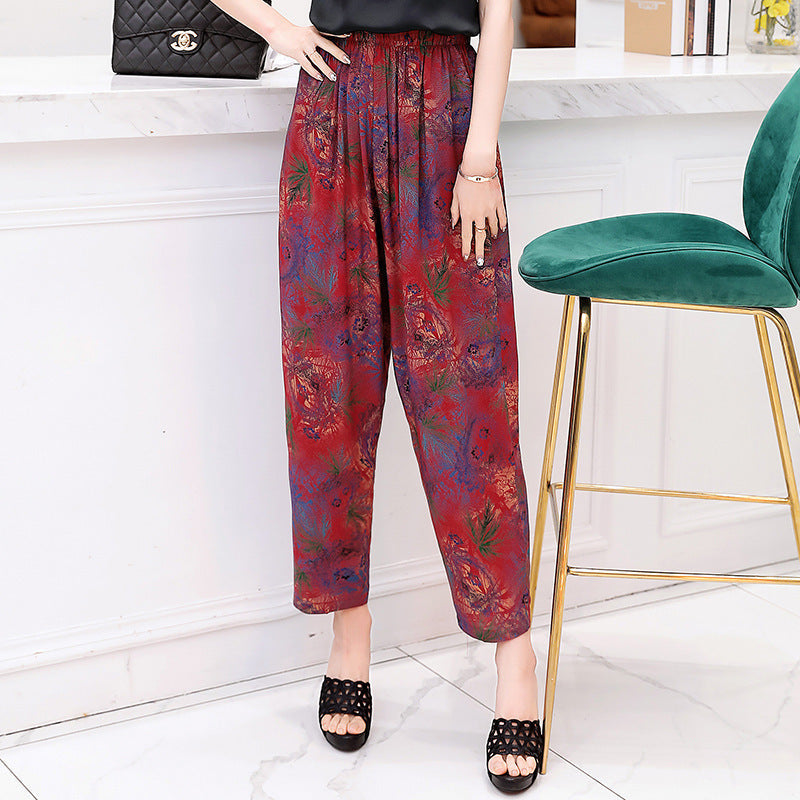 Vibrant Red & Blue Floral Cotton Linen Bloomers | Plus Size Breathable Mother Pants High-Waisted Comfort Slacks