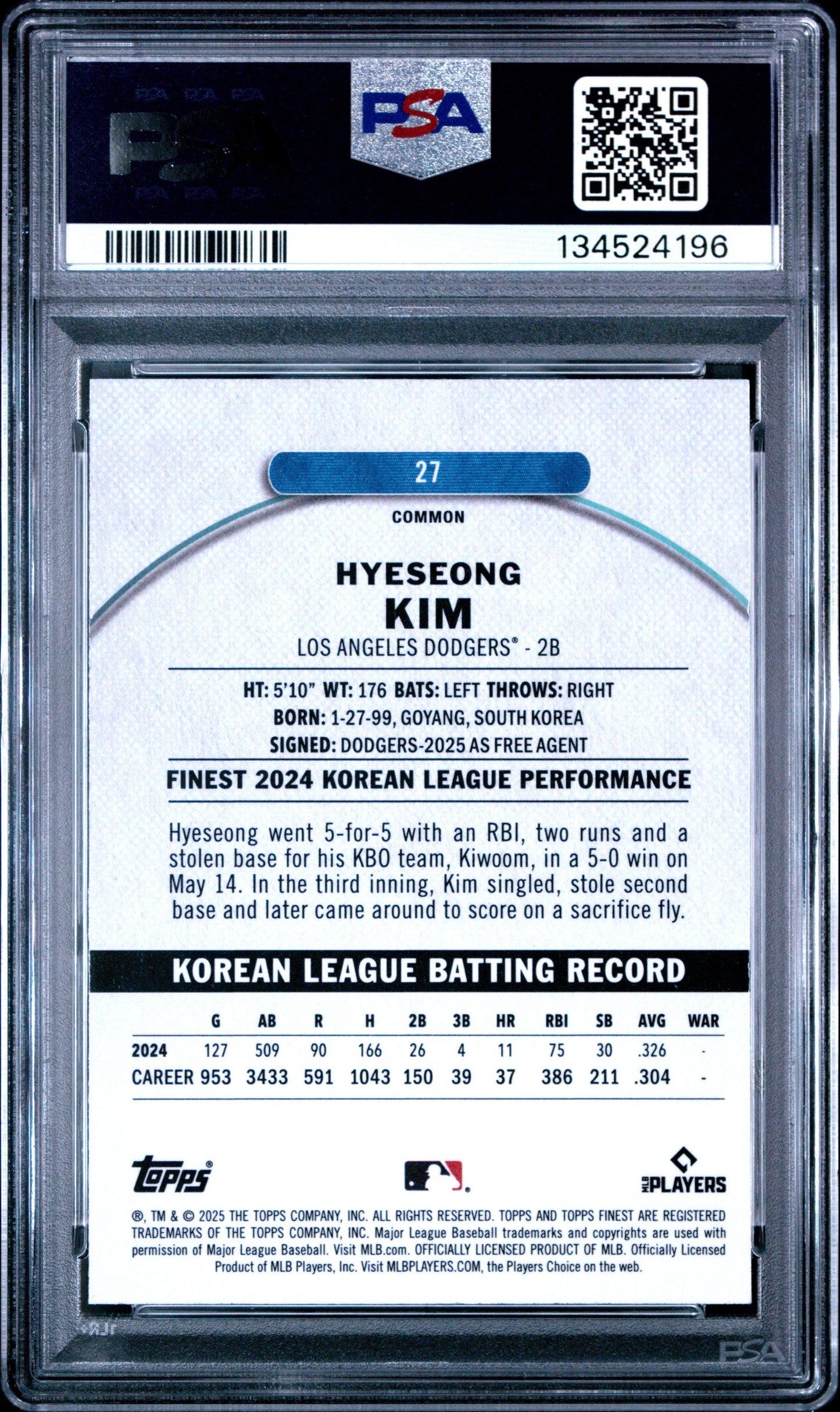 Graded 2025 Topps Finest Hyeseong Kim #27 Sky Blue Refractor /325 Rookie RC Baseball Card PSA 10 Gem Mint