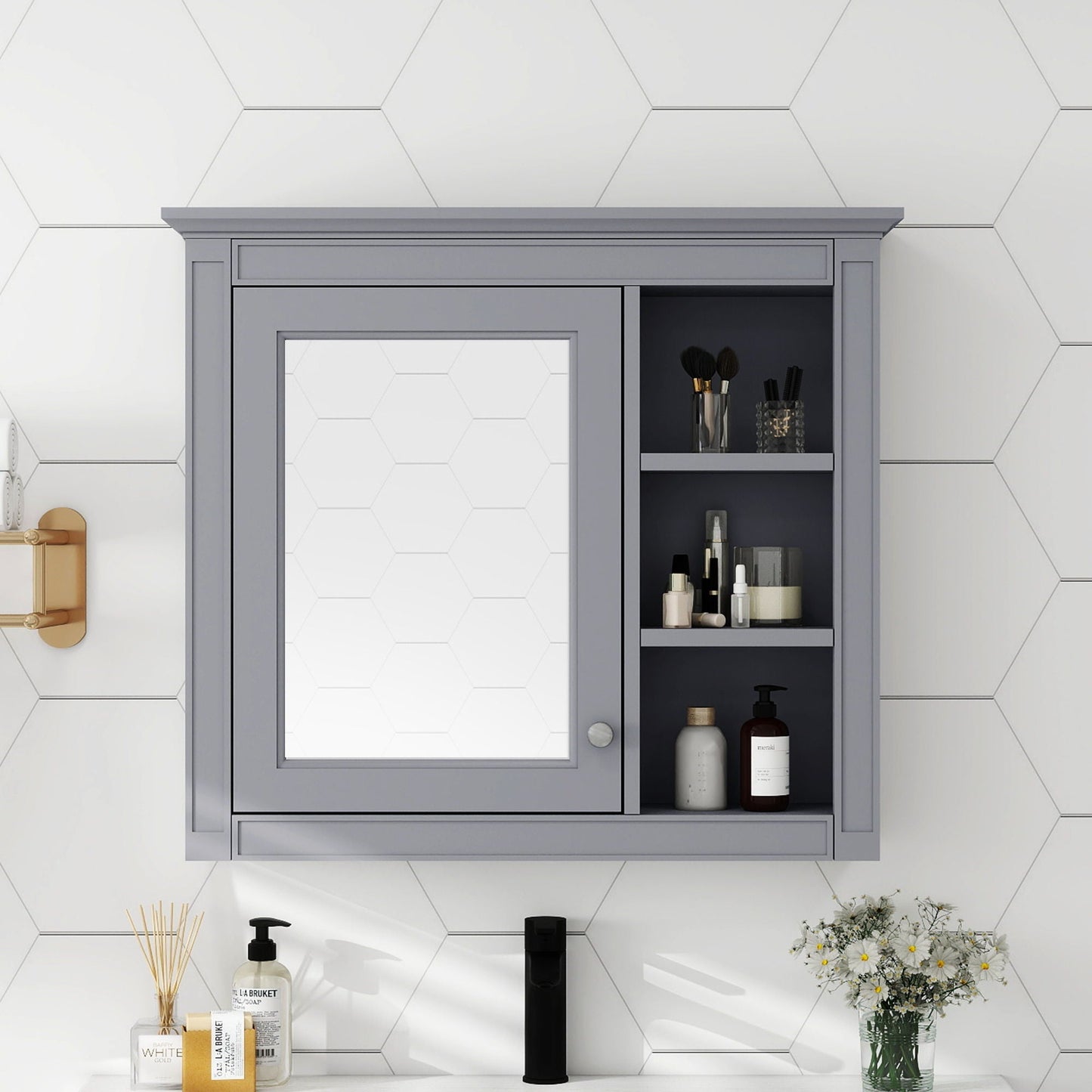 Wall Mounted Medicine Cabinet With Mirror and 3 Open Shelves