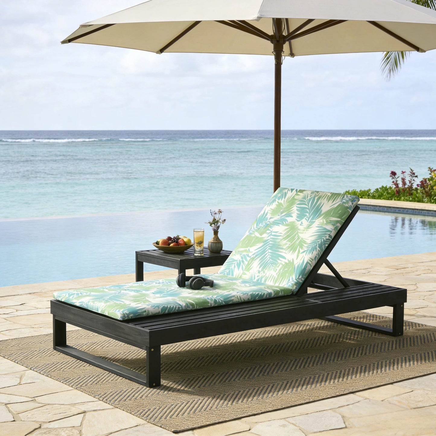 Black Acacia Wood Chaise Lounge with Leaf Coconut Cushion