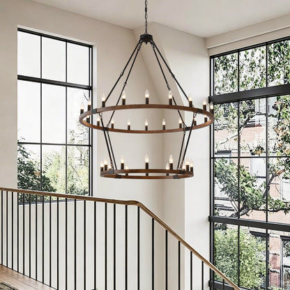 Large Solid Wood Wagon Wheel Chandelier, 2-Tier 32-Lights