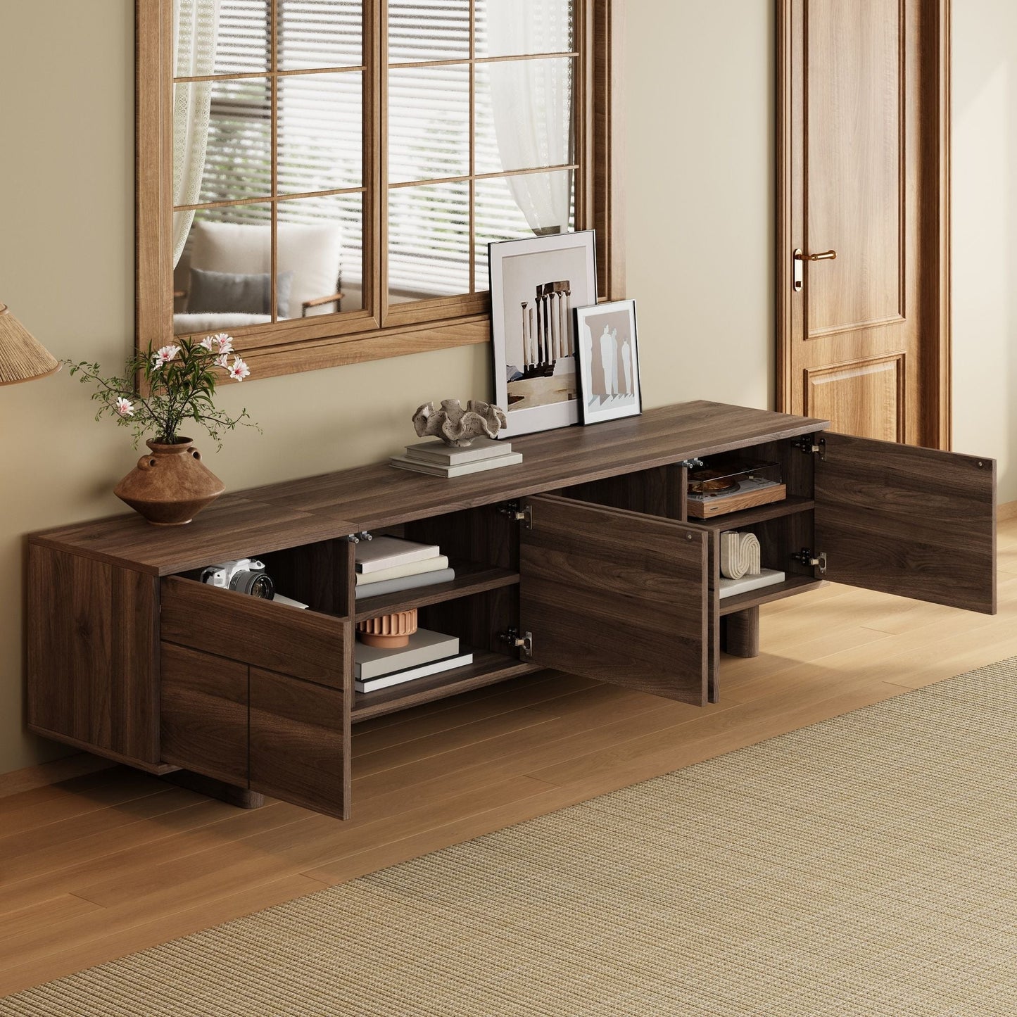 TV Stand For TVs Up To 85", Entertainment Center, Cable Management, Push Openers, Soft Closing Hinges & Adjustable Shelves - Dark Brown
