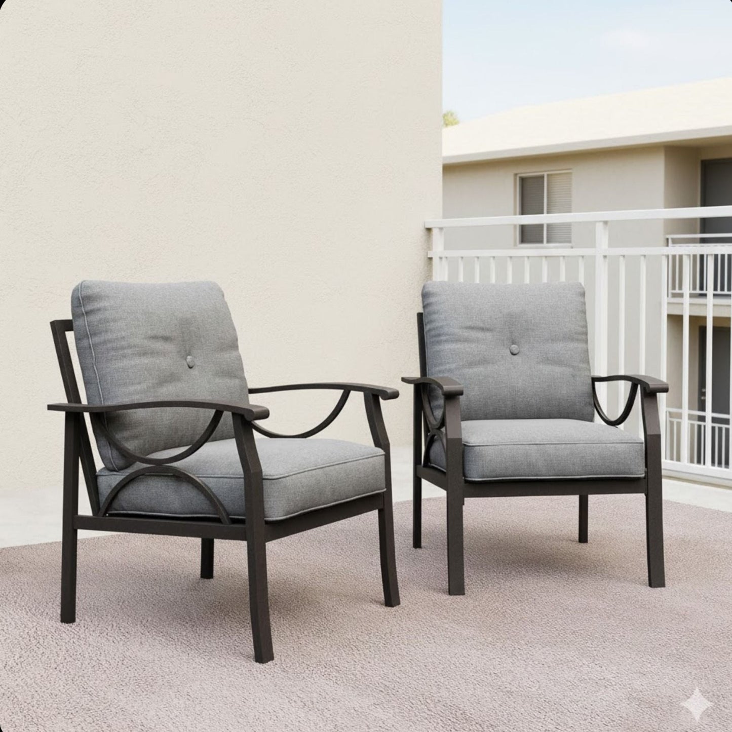 All Weather Armchairs With Cushions, Sculptural Design (Set of 2) - Gray / Khaki