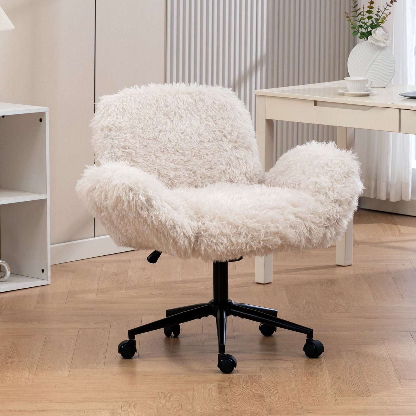 Swivel Chair With Adjustable Armrests And Wheels For Home Office - Beige