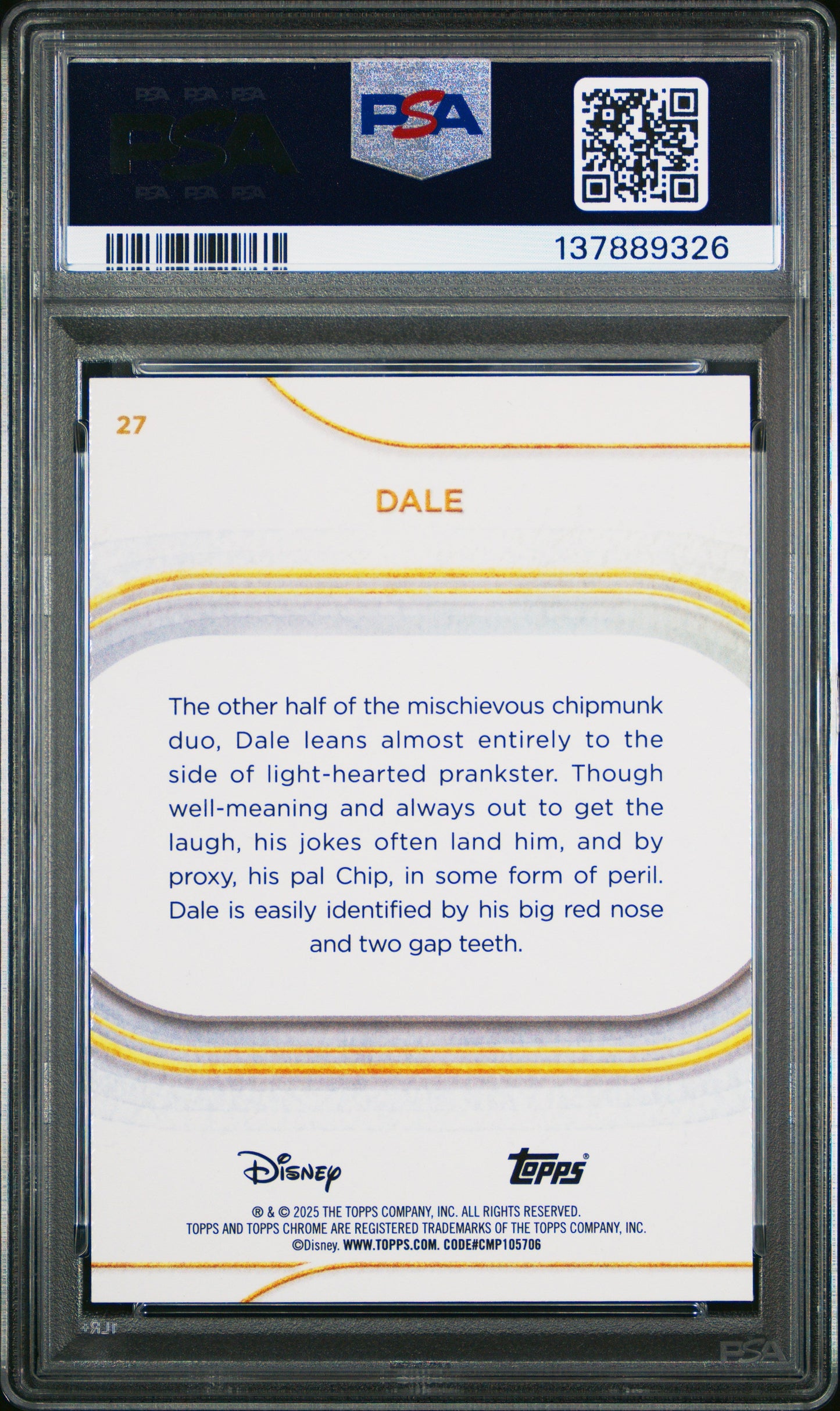 Graded 2025 Topps Chrome Disney Dale #27 Purple Refractor #/75 Chip & Dale Trading Card PSA 10 Gem Mint