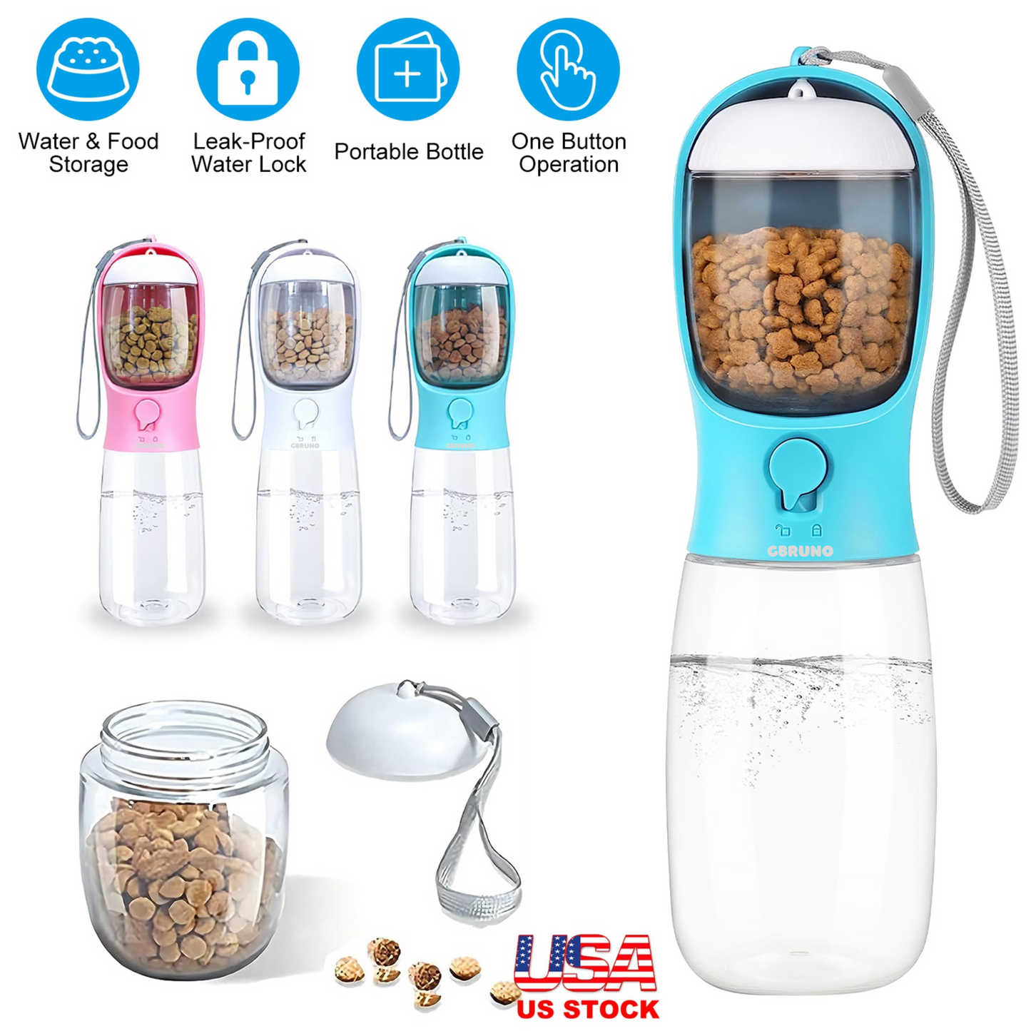 18.6OZ Portable Dog Water Bottle Pet Water Dispenser with Detachable Food Container Leak-Proof Lock Design for Dog Walking Traveling Hiking Outdoor Ac