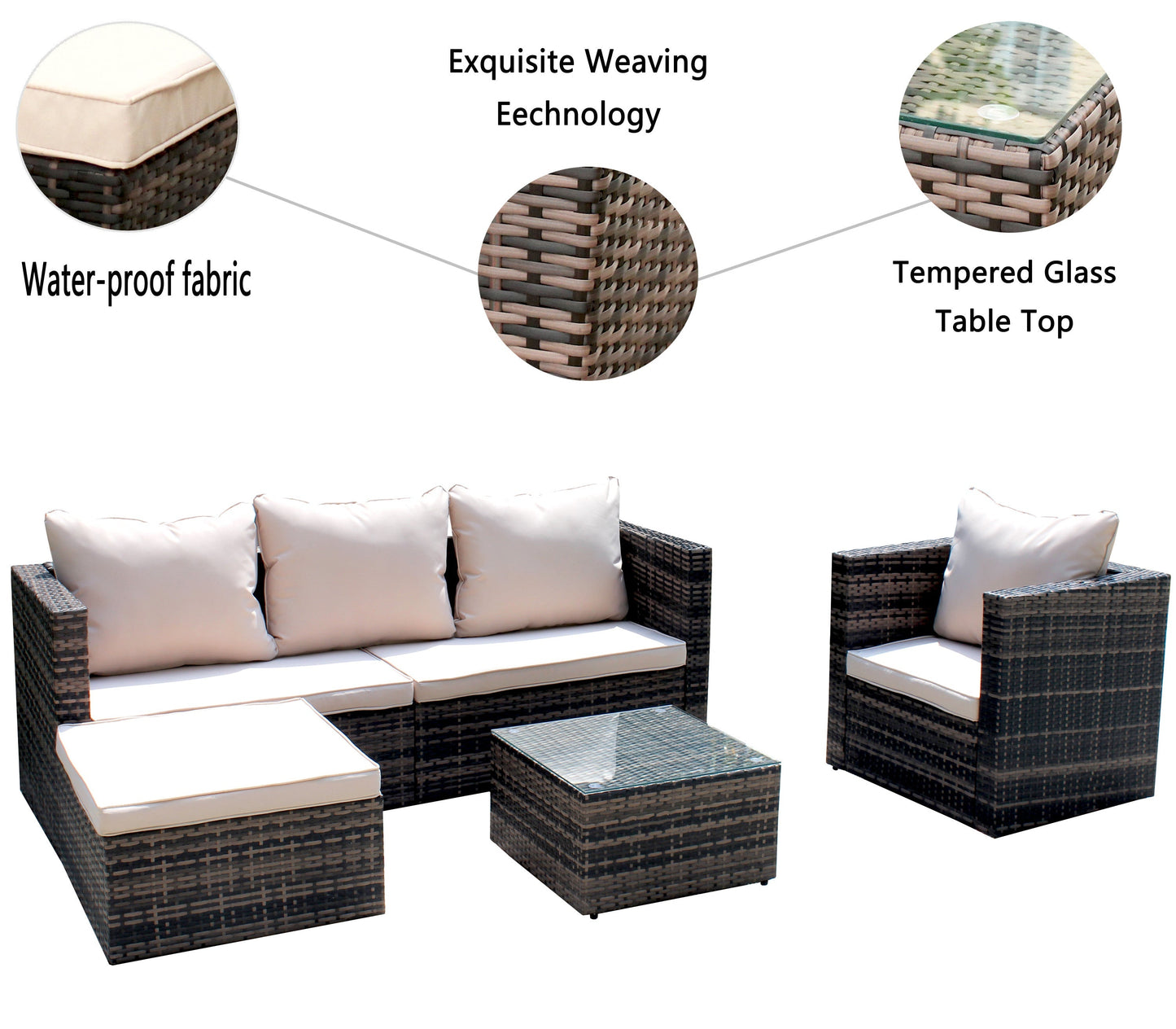 Rattan Patio Furniture Set Wicker Sofa Cushioned Sectional (4 Pieces, Brown)