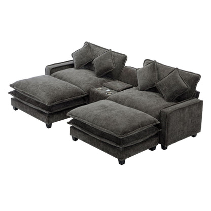 Modern Sectional Sofa With Removable Ottomans, USB Ports