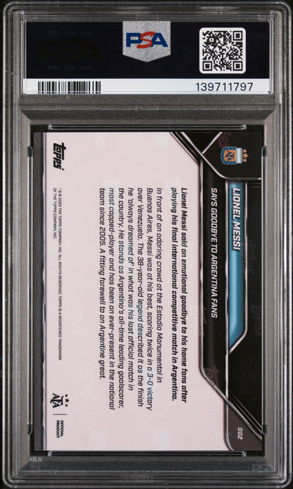 Graded 2024 Topps Now Argentina Lionel Messi #2 Says Goodbye to Argentina Fans Soccer Card PSA 10 Gem Mint