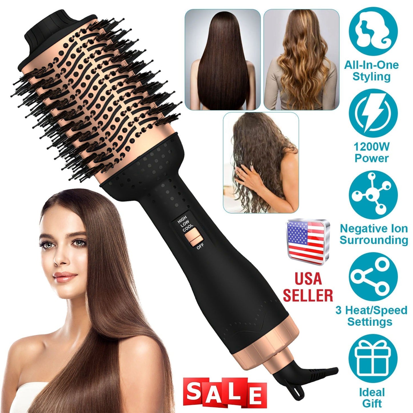 4 In 1 Hair Dryer Brush Curling Brush Hair Styler Volumizer Straightener Negative Ion Anti-frizz Hot-Air Hair Brush for All Hair Types Black White