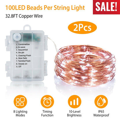 2Pcs LED String Lights 100LED Beads 32.8FT Copper Fairy Lights IP65 Waterproof Battery Operated Flash Lights with Remote Control For Wedding Party Jar