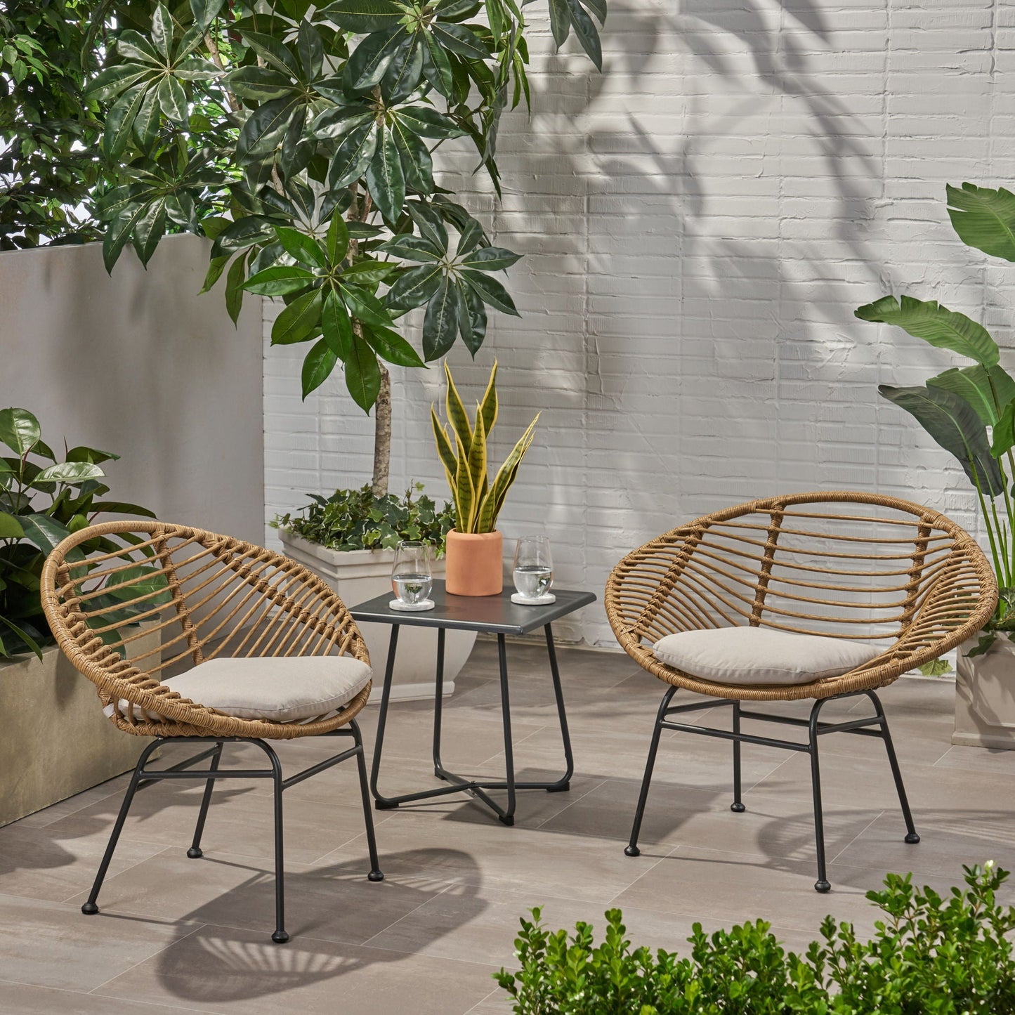 Cordella Outdoor Woven Wicker Chairs with Cushions, Set of 2