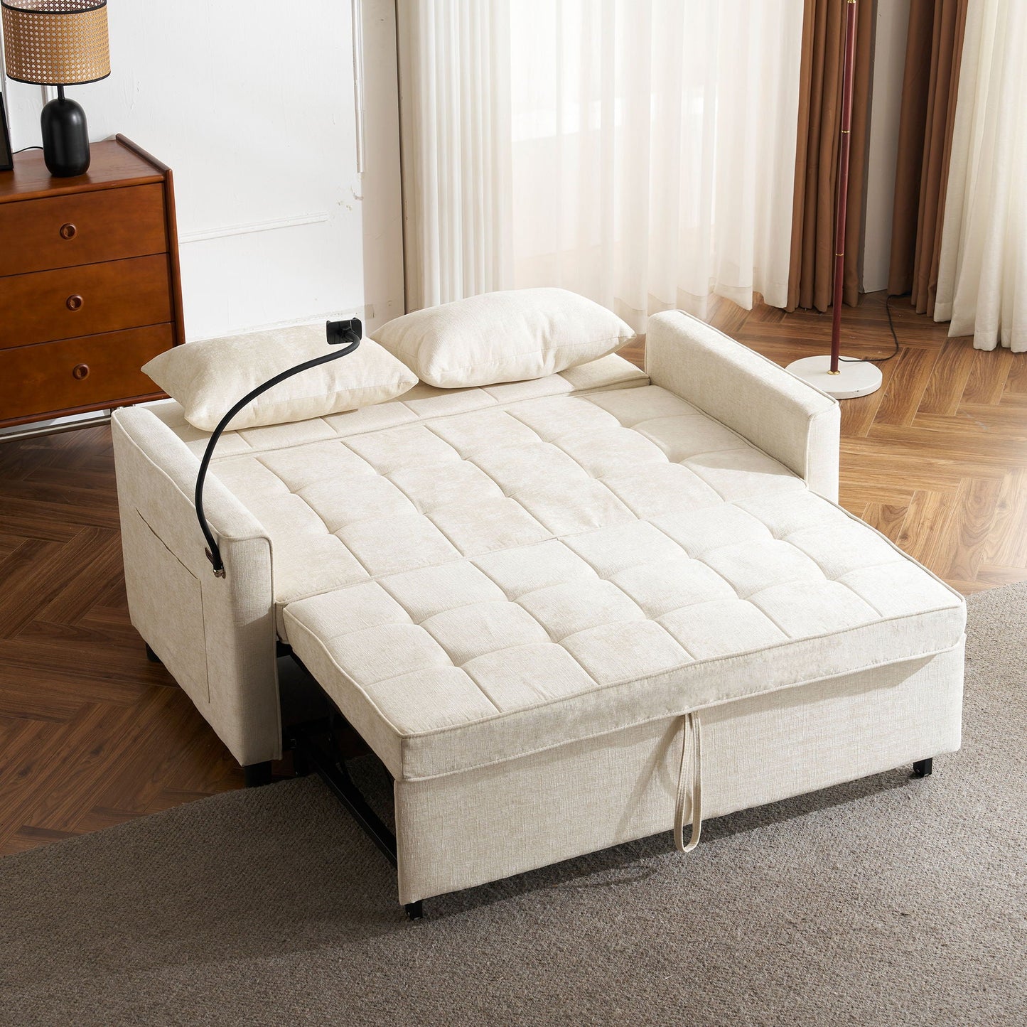 Pull-Out Sleeper Sofa With Reversible Backrest Cushion, Side Pockets, 2 USB Ports And A Phone Holder For Living Room