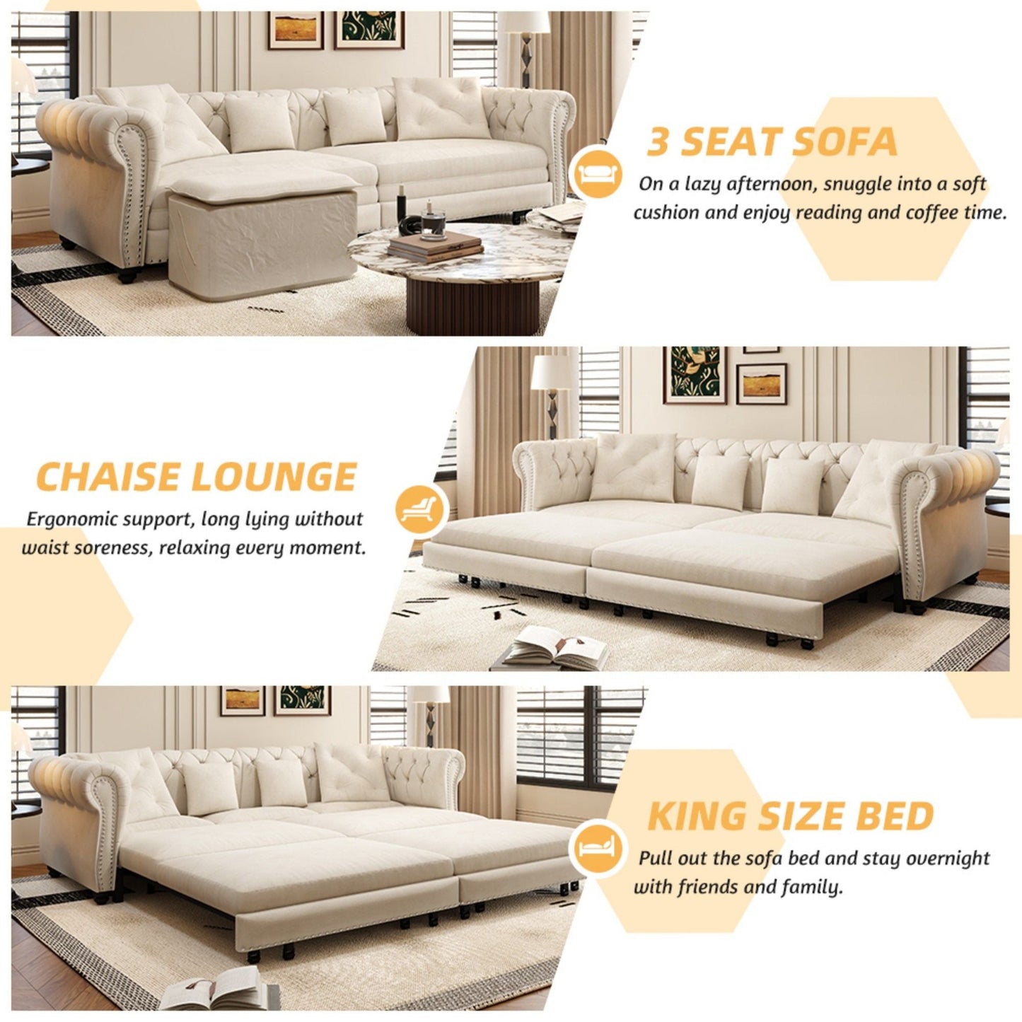 3 In 1 Pull Out Convertible Sleeper Sofa Bed, King Size, Chaise Lounge