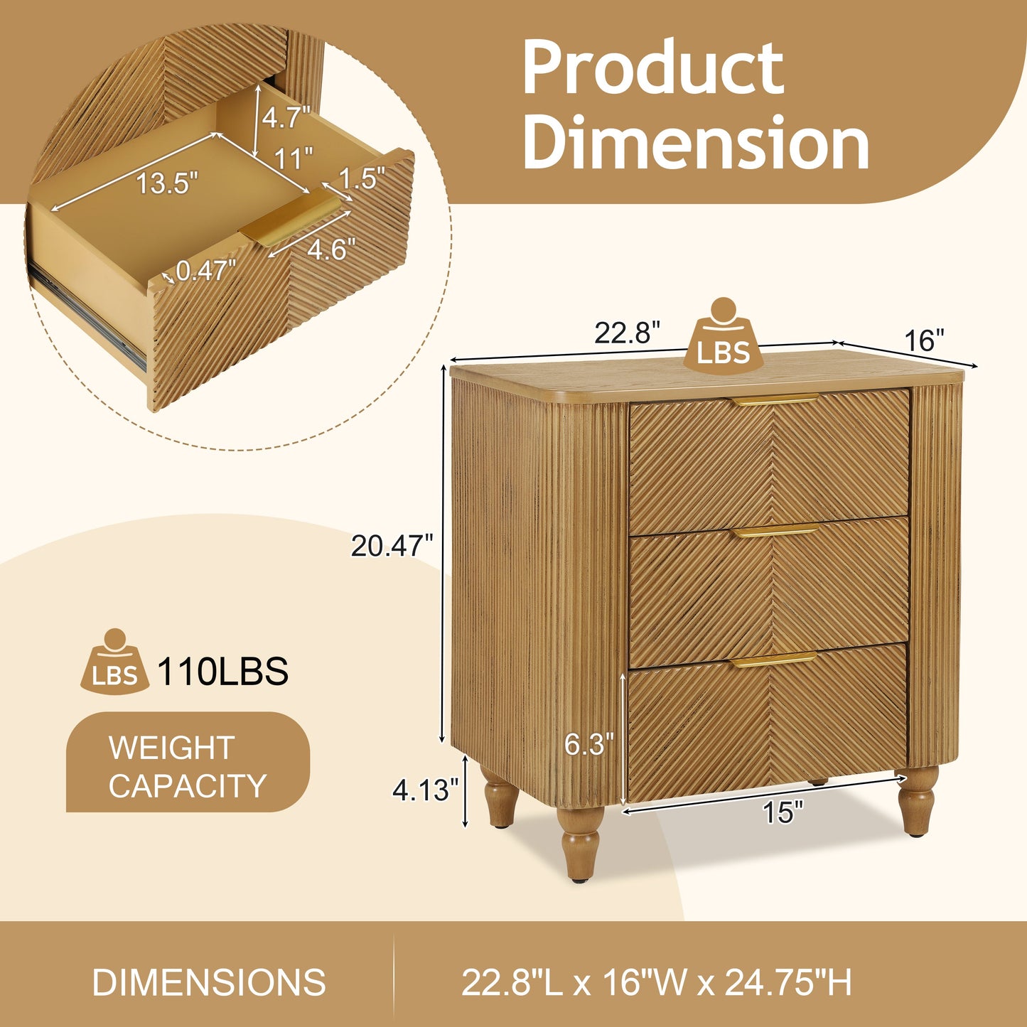 Mid-Century Fluted 3 Drawers Nightstand, Bedside Table with Curved Profile Design and Wide