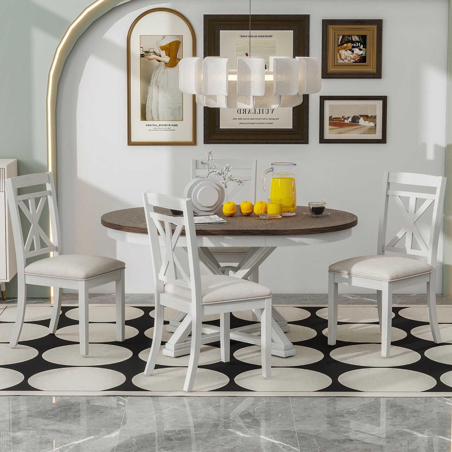 Dining Set With Extendable Round Table And 4 Upholstered Chairs