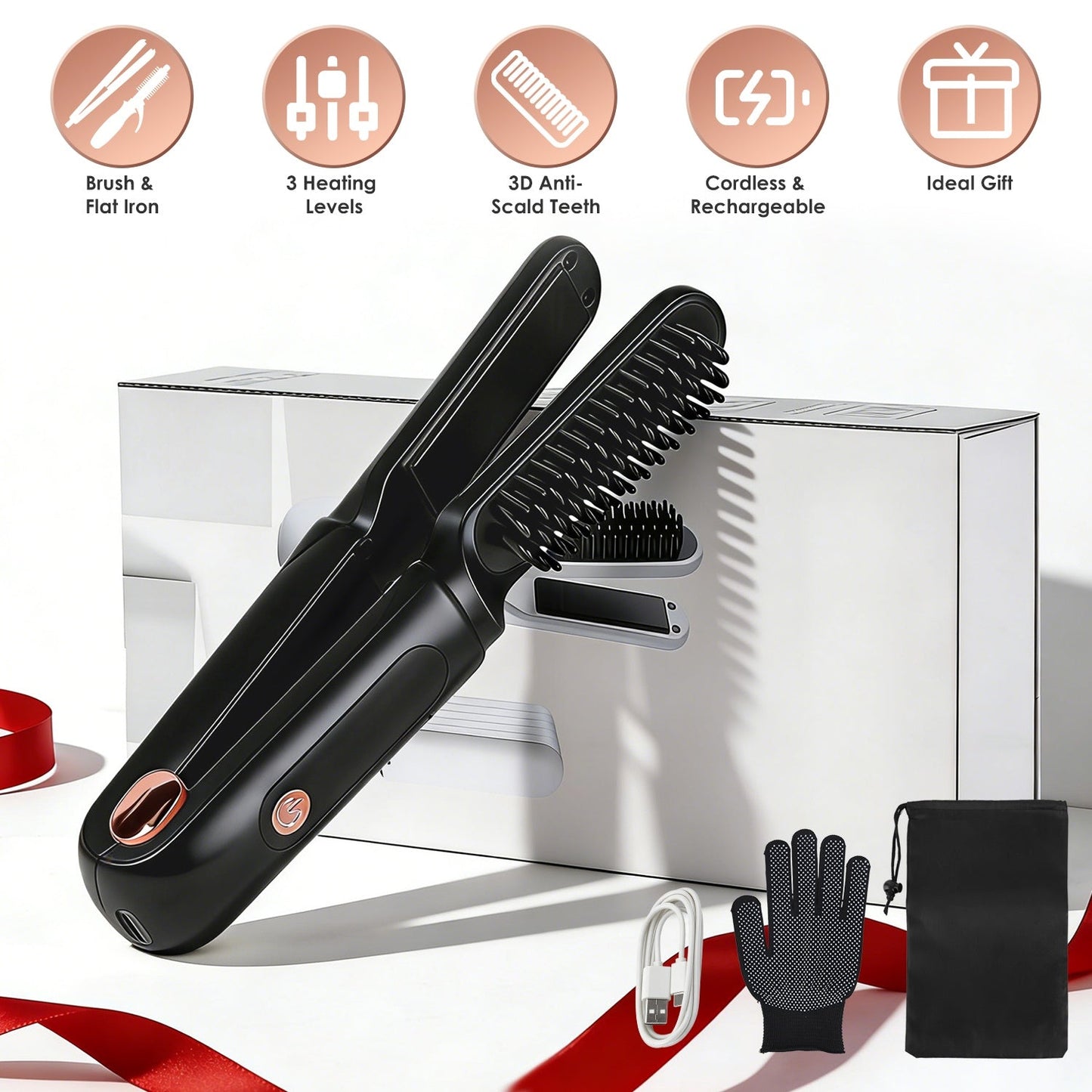 Cordless Hair Straightener Brush 2-in-1 Ceramic Flat Iron