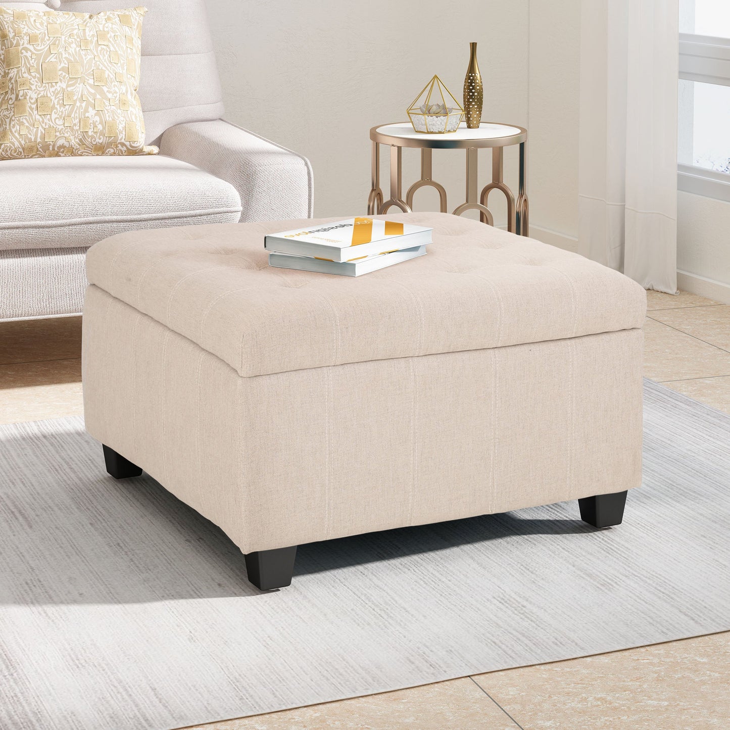 Upholstered Tufted Fabric Storage Ottoman, Wheat
