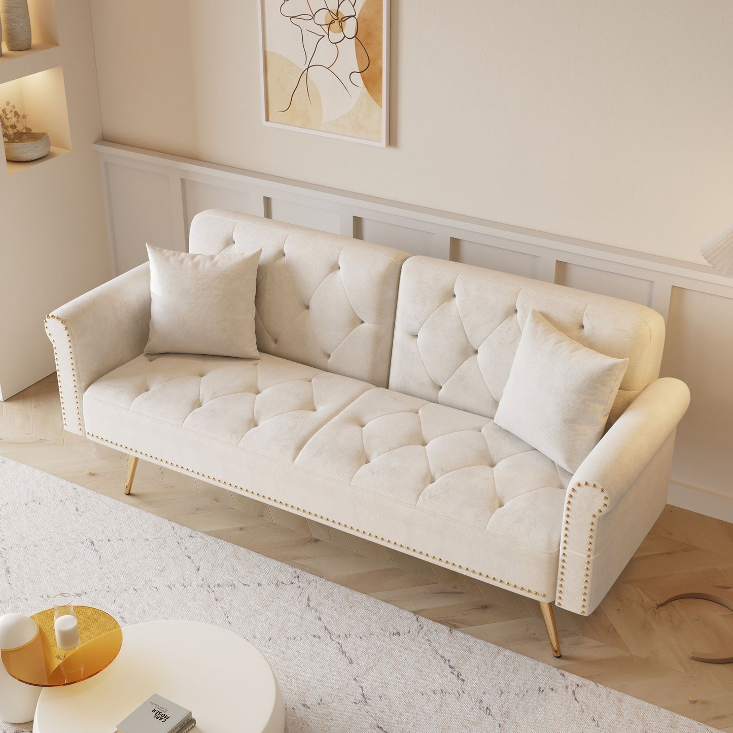 Luxurious Sofa Bed With Nail Head Trim And Matching Pillow